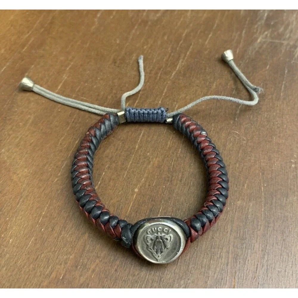 Gucci Bracelet Mens Braided Leather Vintage Sterling Silver Red Blue Crest FLAW